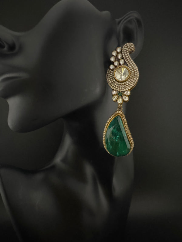 Kundan, CZ, Gold, Doublet Stone Chandelier Long Earrings, Bridal, Moissanite, CZ, Peacock Designer jewelry