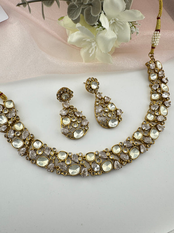 Stones, CZ, Kundan Gold necklace set, Indian Bridal Jewelry set