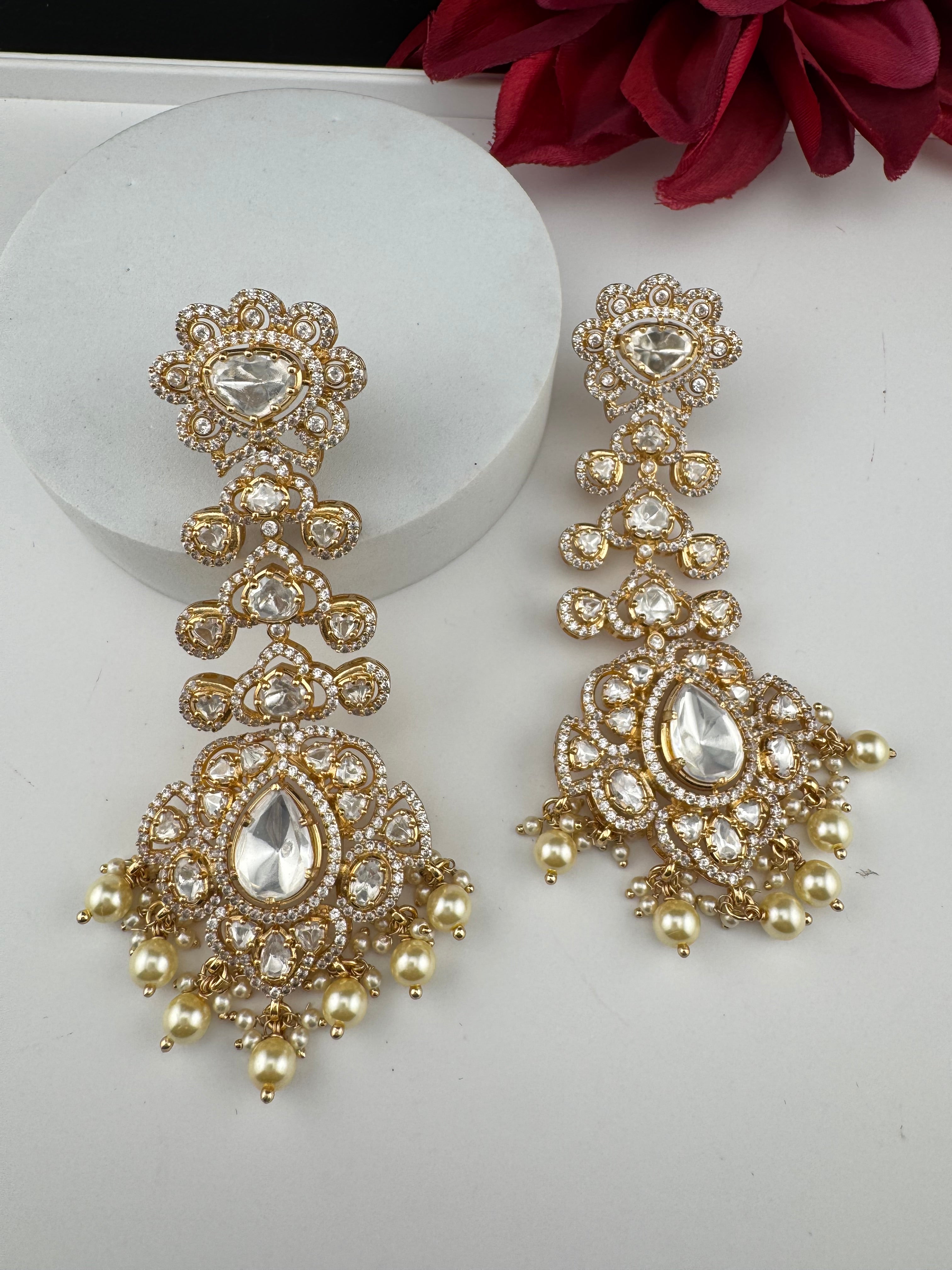 White and Gold Kundan, Pearls Chandelier Long Earrings, Bridal, Moissanite, CZ, Designer jewelry