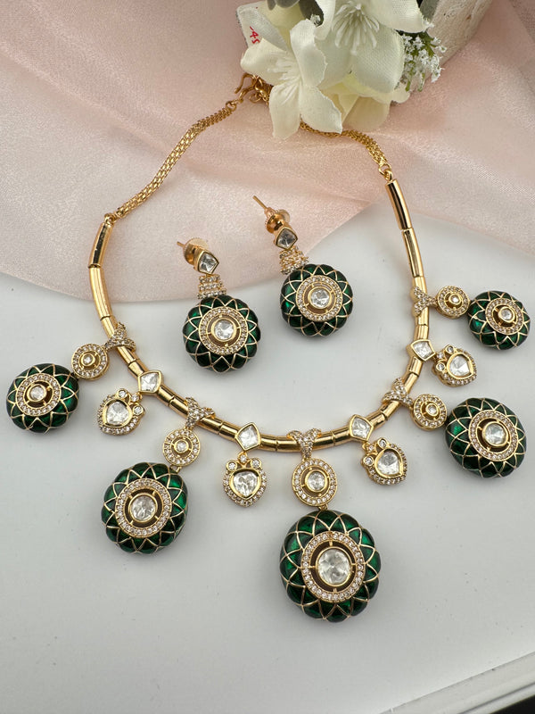 Enamel, Minakari, Kundan, CZ Gold plated Hasli necklace set, Indian Bridal Jewelry set