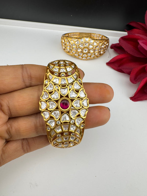 Moissanite Kundan, CZ Openable Bracelet Bangle, Gold Polish (Fits 2.6" wrists)