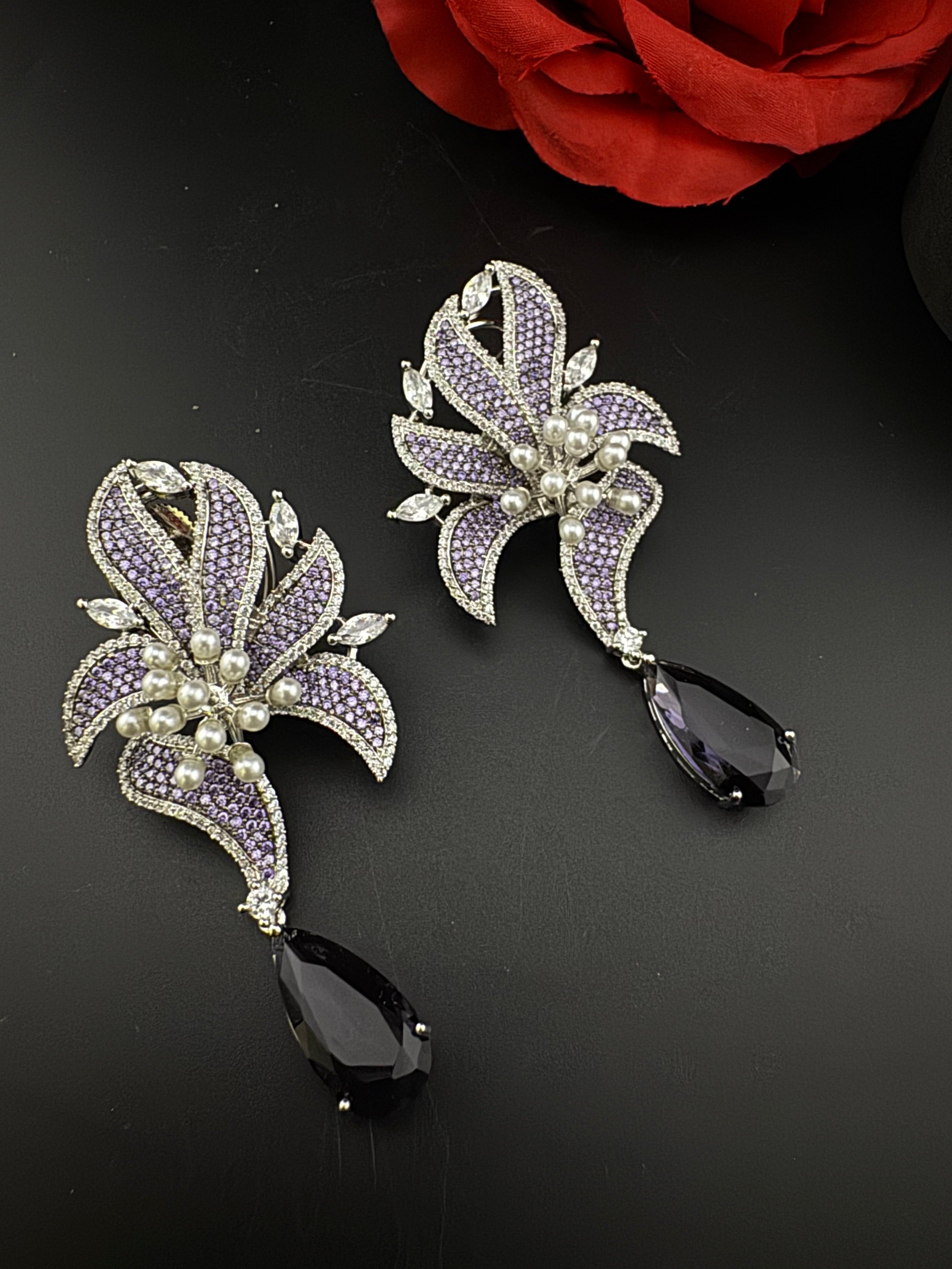 Premium Nano Setting Cubic Zirconia Pearl Oversized Studs earrings in leaf shape, stylish, designer Statement Big earring/Bridal Bridesmaid