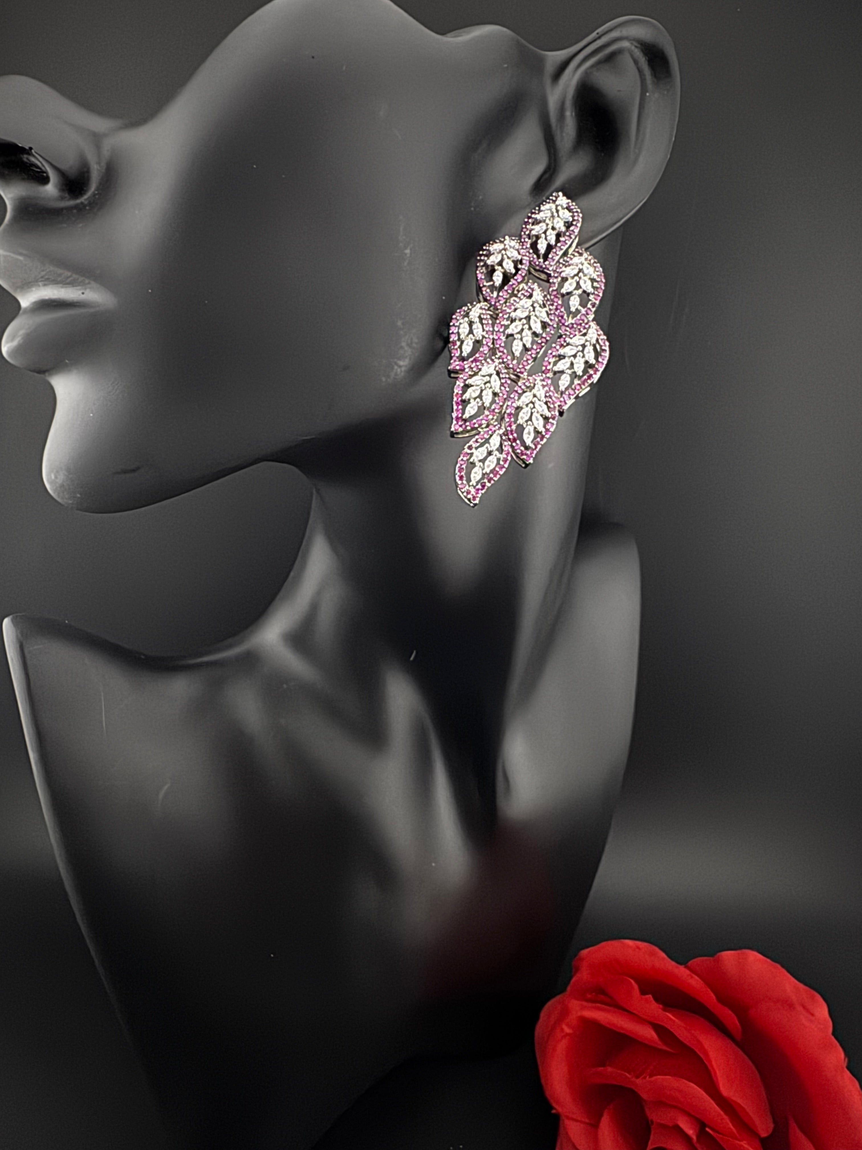 Premium Nano Setting Cubic Zirconia Long Chandelier earrings in leaf shape, stylish, designer Statement long earring/Bridal Bridesmaid