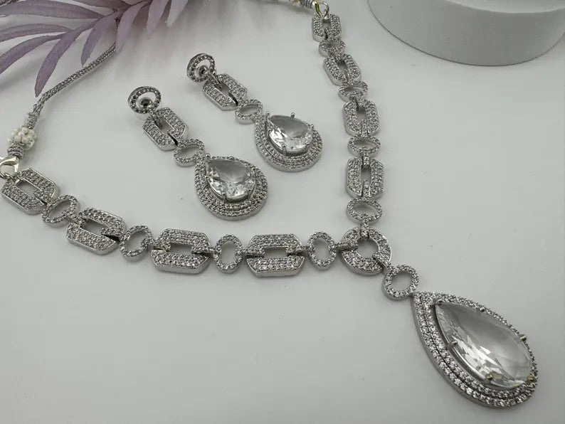 Silver polish American Diamond, Cubic Zirconia Chain style Clear Necklace set