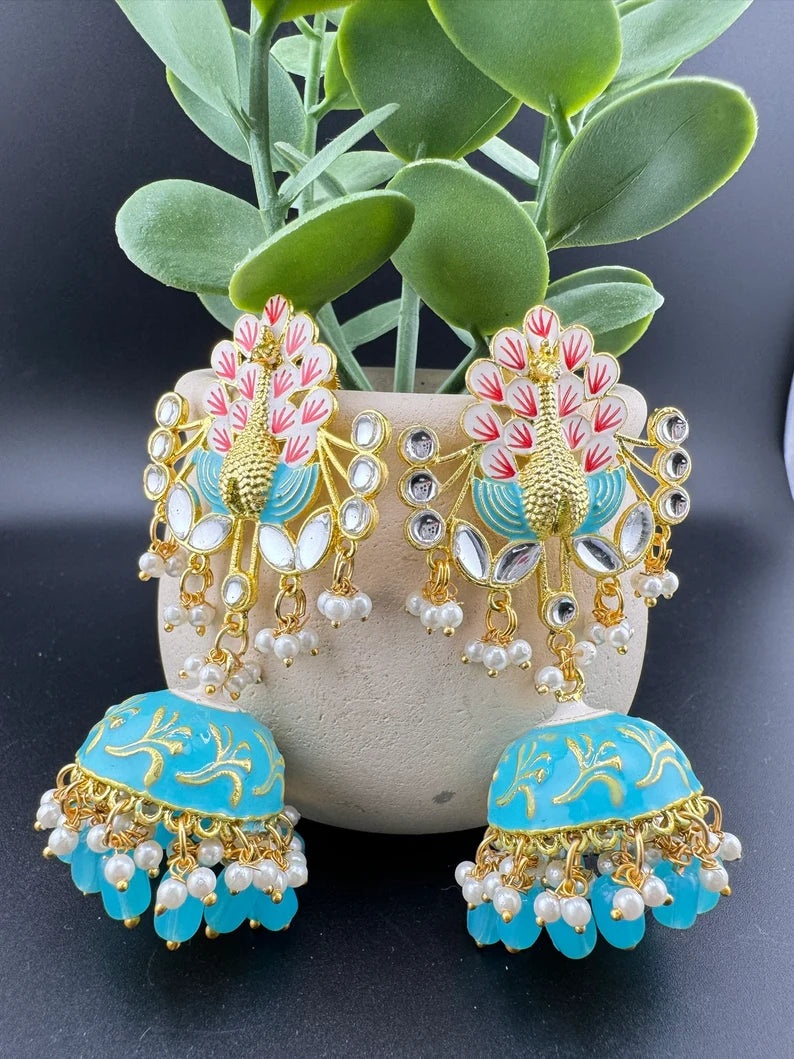 Peacock Jhumka Earrings with Kundan, Minakari, CZ and pearls in Gold Polish