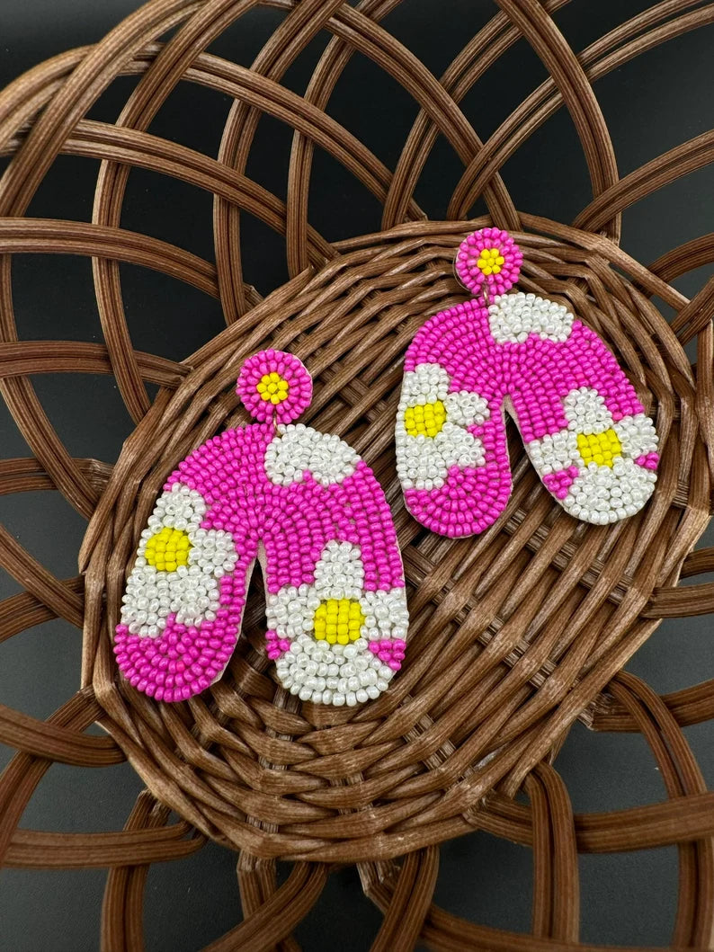 Beaded Hot Pink with flowers Quirky earring, Handmade earring