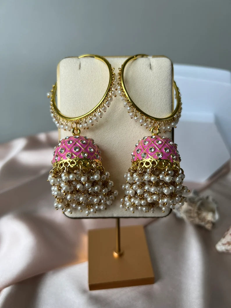 Premium Pink Jhumka Earrings with Minakari, CZ and pearls