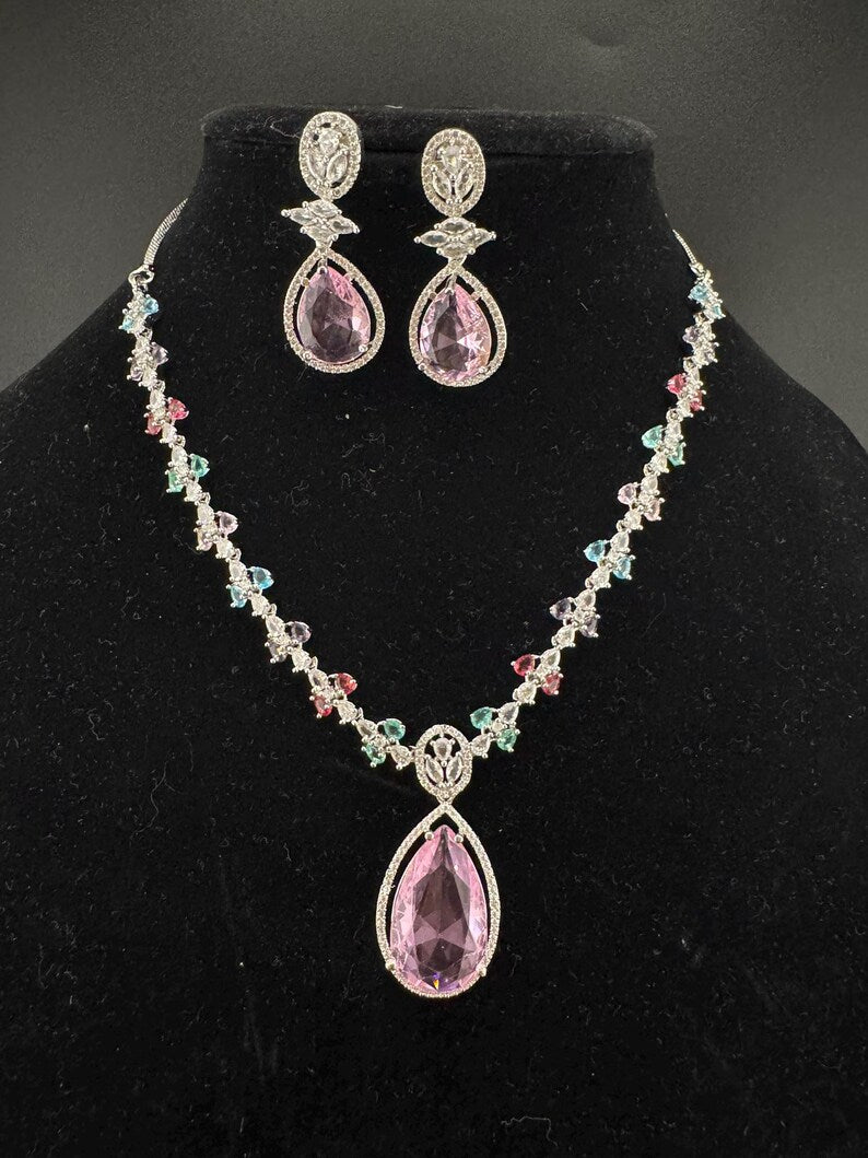 Crystal Stones and American Diamond, Cubic Zirconia Necklace set with earrings