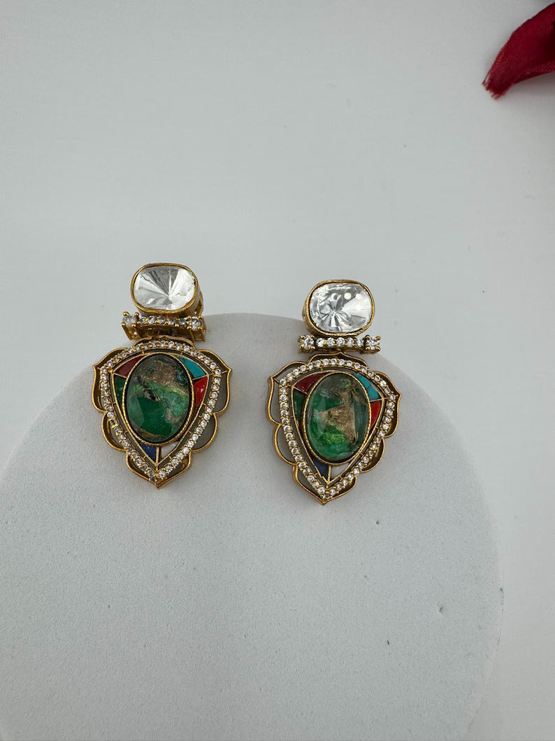 Premium designer stud earrings, with Uncut Kundan, CZ and Doublet Marble stone