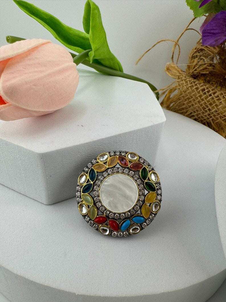 Adjustable Finger Ring with MOP, Multicolor stones, Victorian