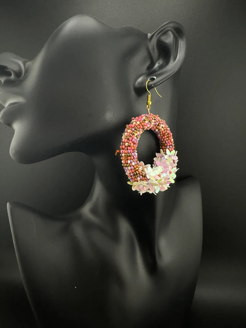 Beaded multicolor flower hoop Quirky earring, Handmade earring