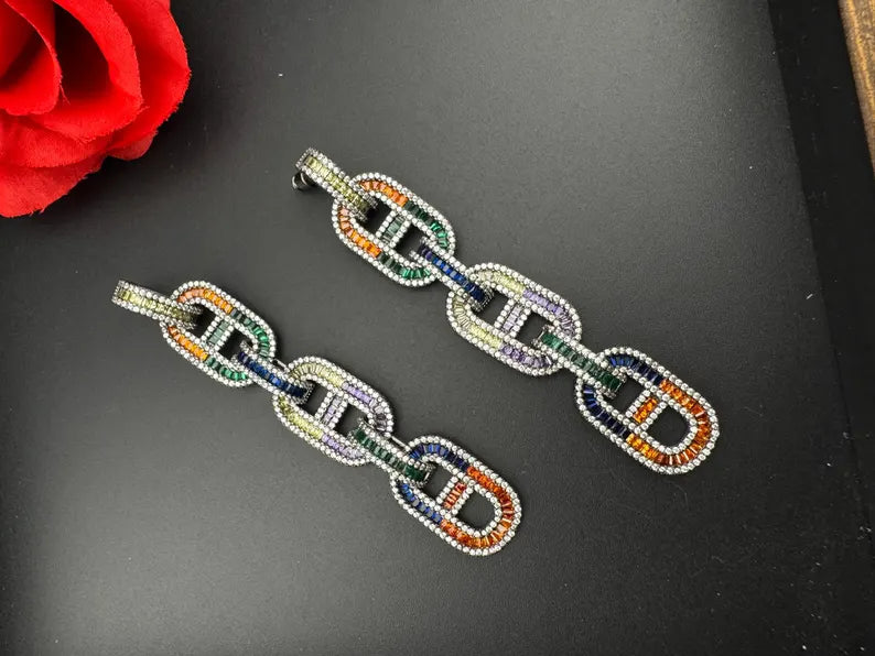 Unique Nano Setting Cubic Zirconia Multicolor Long Earrings