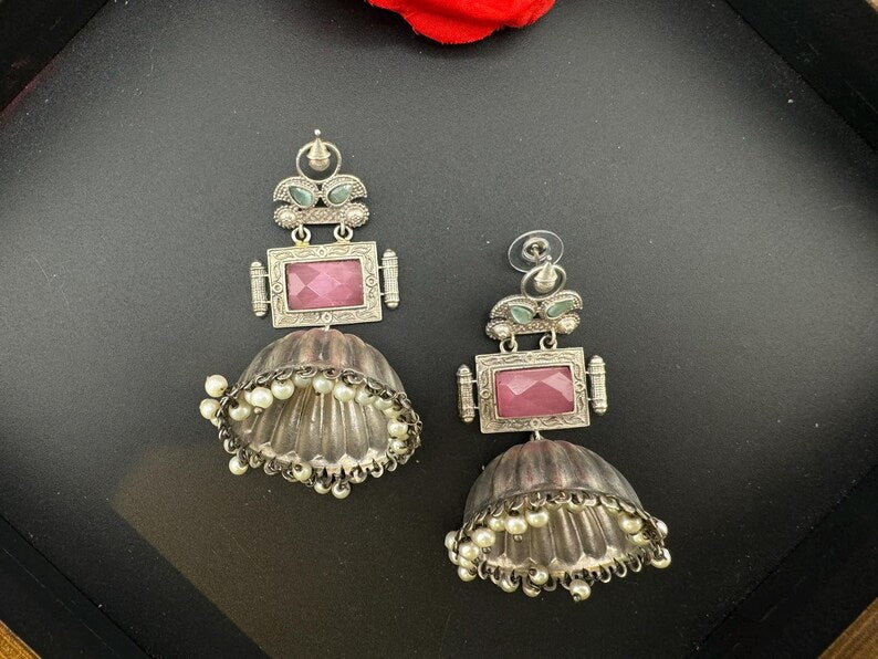Oversized Oxidized German Silver Premium Jhumka earrings with Pink Monalisa stone