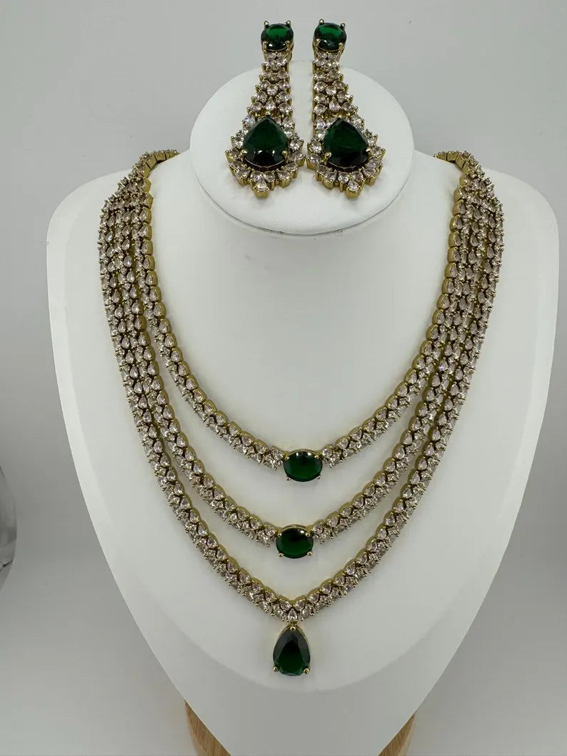 Victorian 3 layer Green Necklace set with long earrings