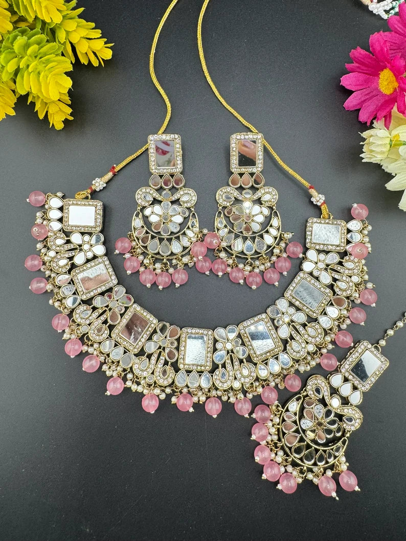 Mirror and pink pearls Necklace set with long earring and Tika