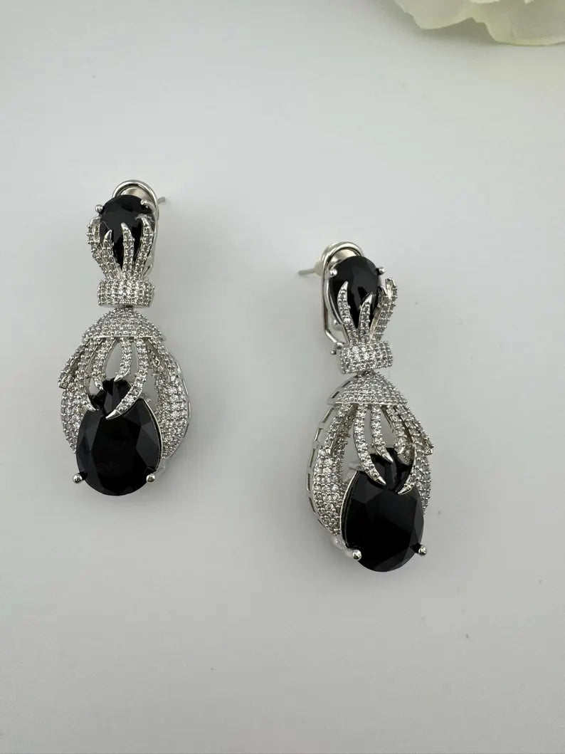 Premium Nano Setting Cubic Zirconia Chandelier earrings with Black Stone