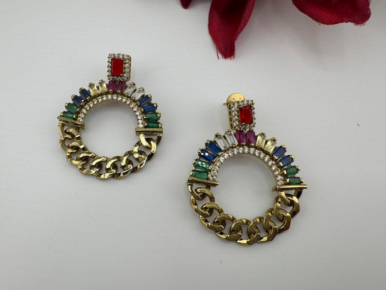 Premium earrings in Gold Chain design, with multicolor glass crystals