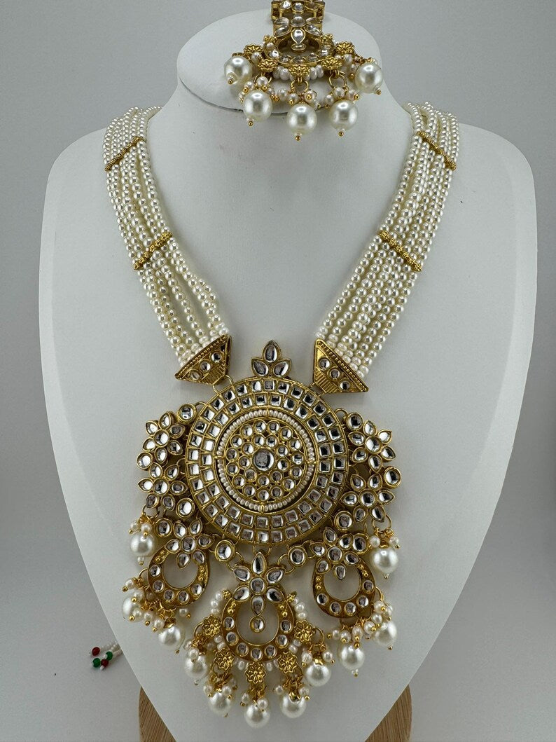 Kundan Bridal Long Necklace Set with Jhumka and Tikka