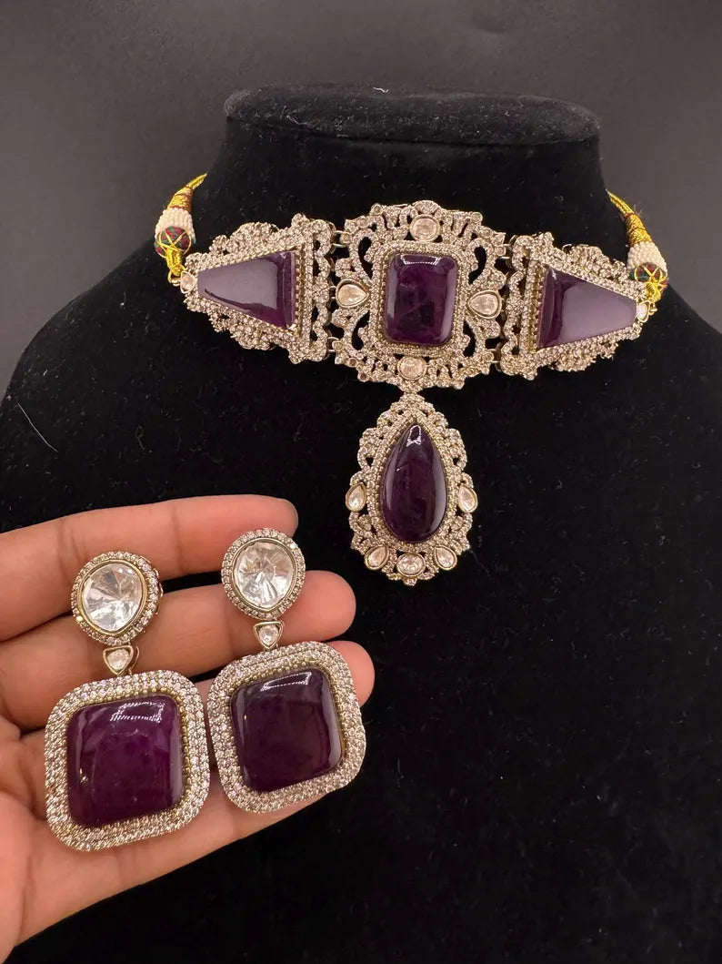 Premium Moissanite Kundan, CZ, Doublet stones Designer Choker necklace