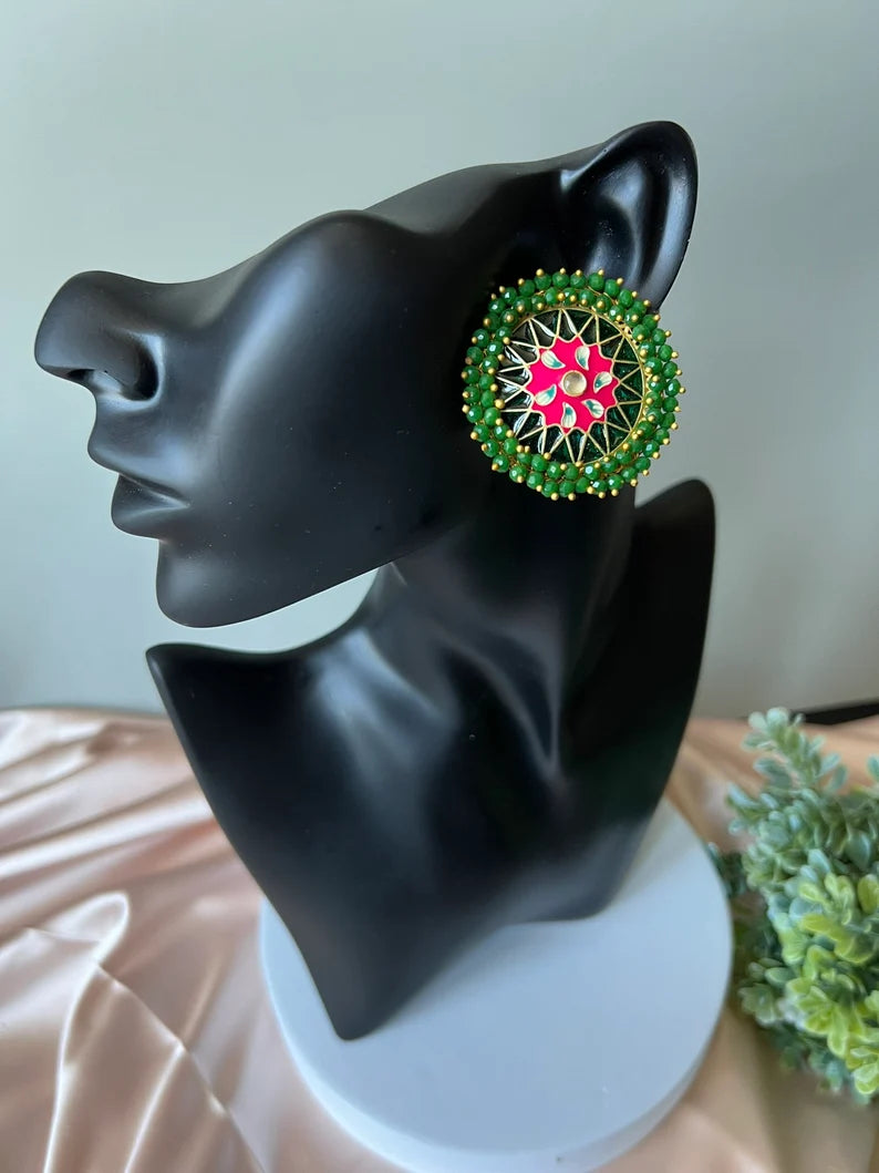 Big Stud Earrings with Green beads and Minakari