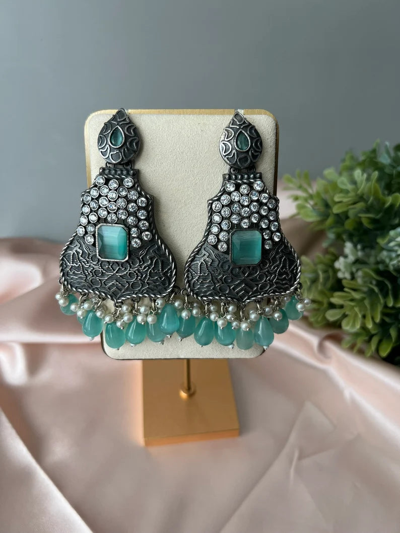 Premium Light Blue oxidized German Silver Chand Bali with CZ and stone