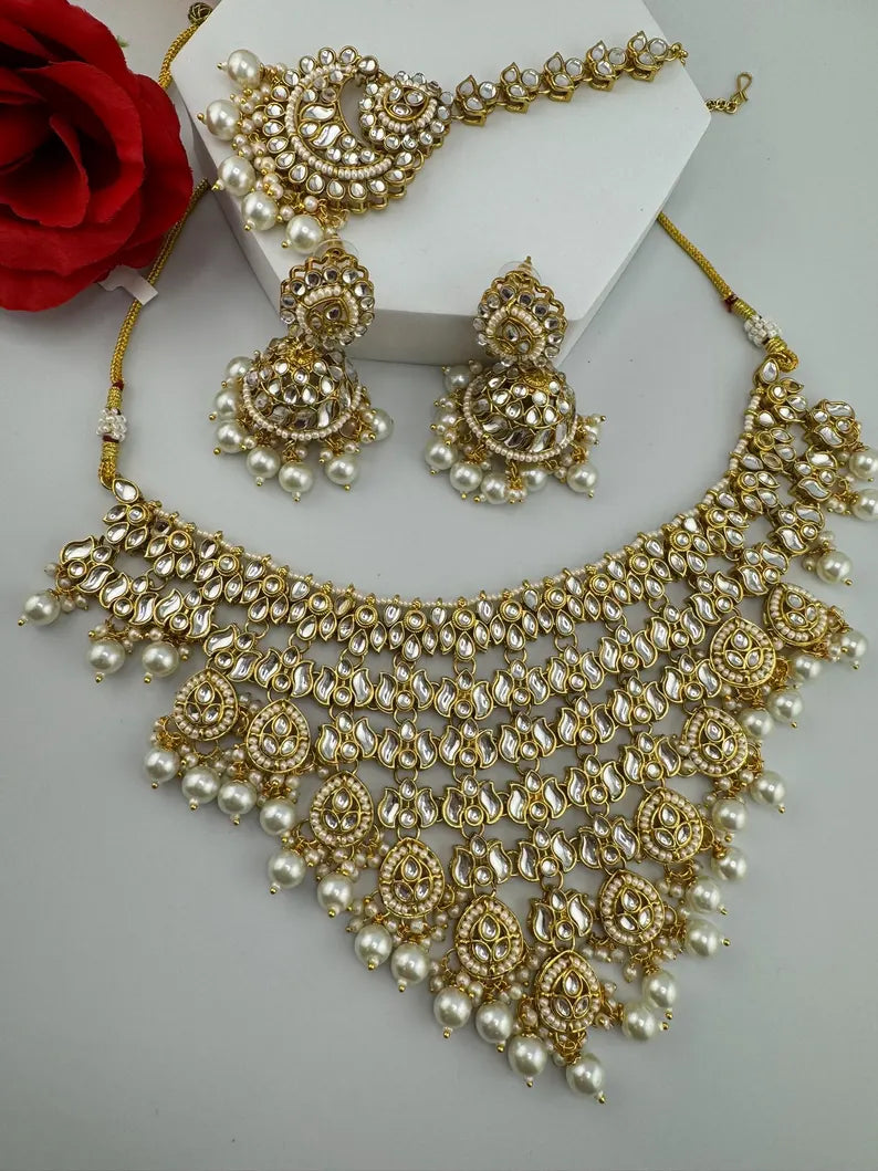 Kundan Heavy Bridal Necklace Set with Jhumka and Tikka