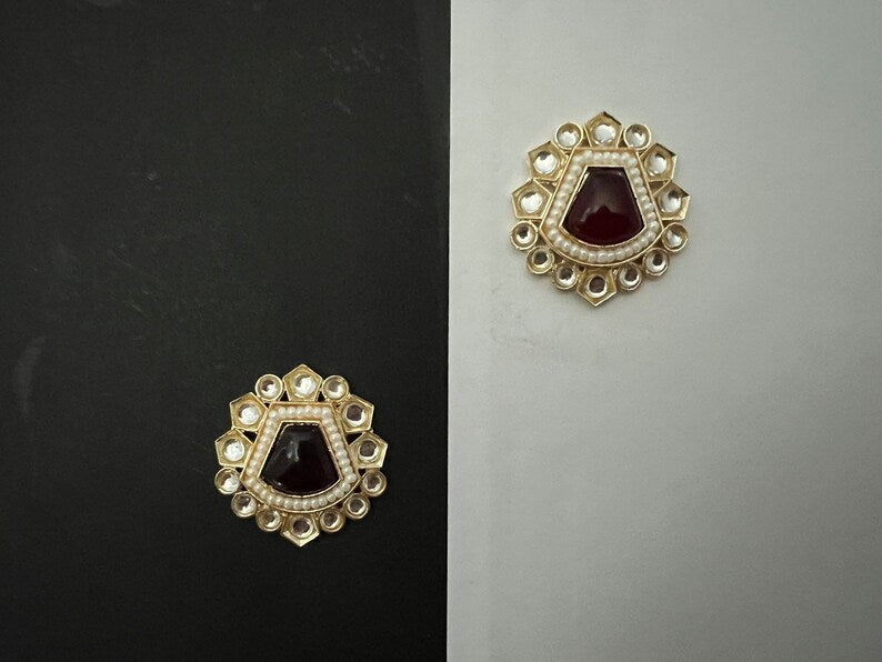 Gold Maroon, Red Stud Monalisa Stone, Pearl earring