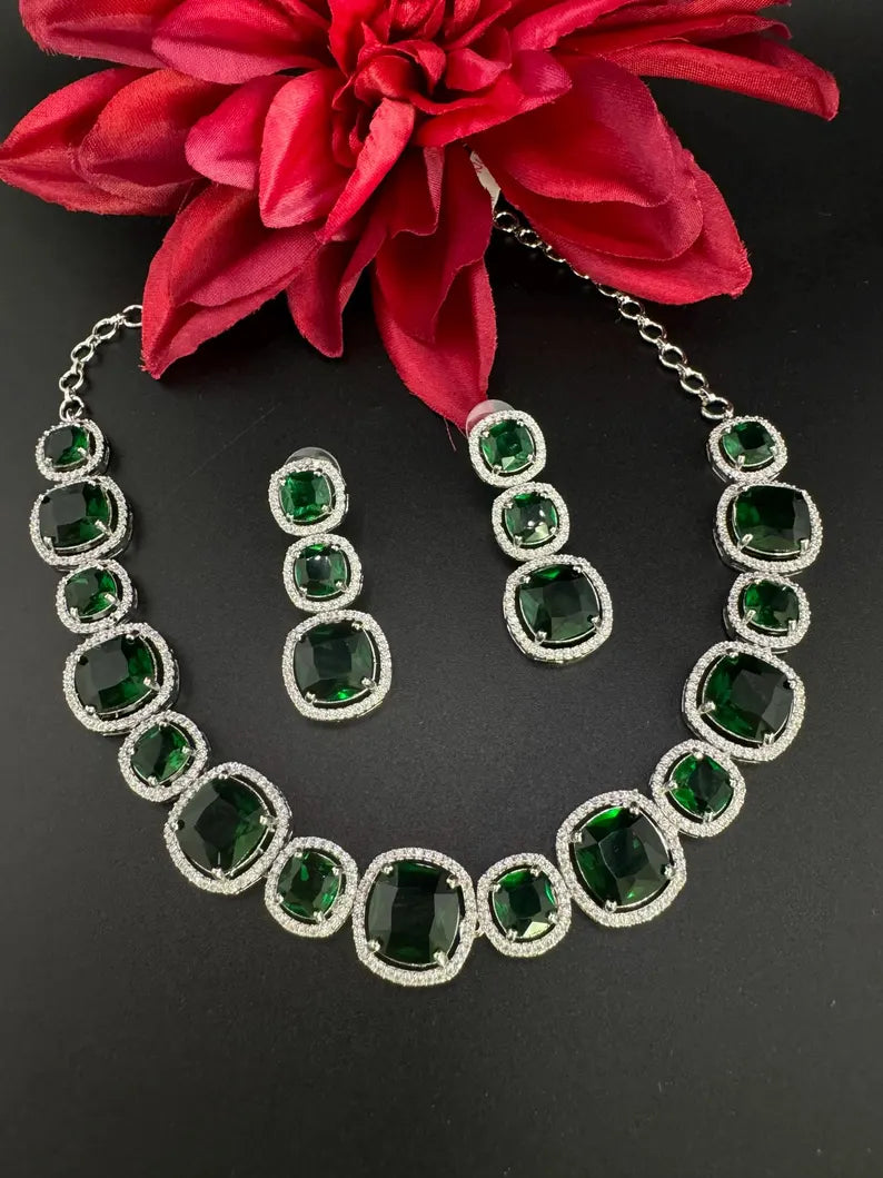 Monalisa stone American Diamond, Cubic Zirconia Necklace Set in Silver Polish