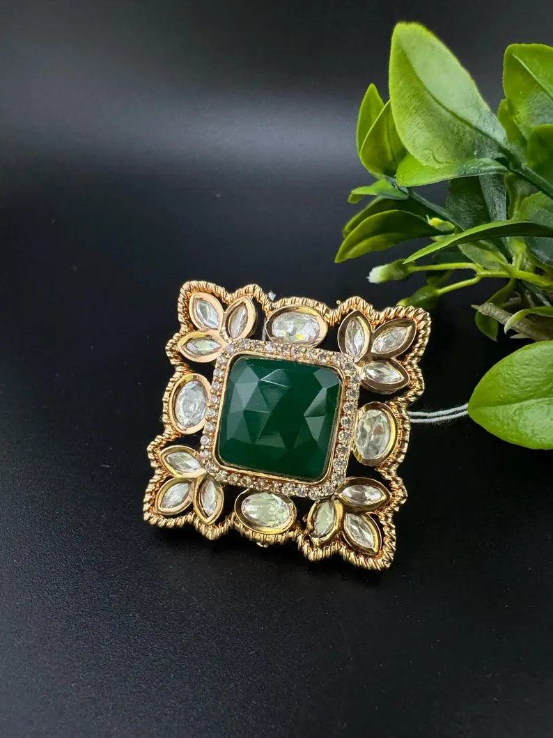 Moissanite Kundan and Green Stone Adjustable Square Finger Ring, Tyaani inspired