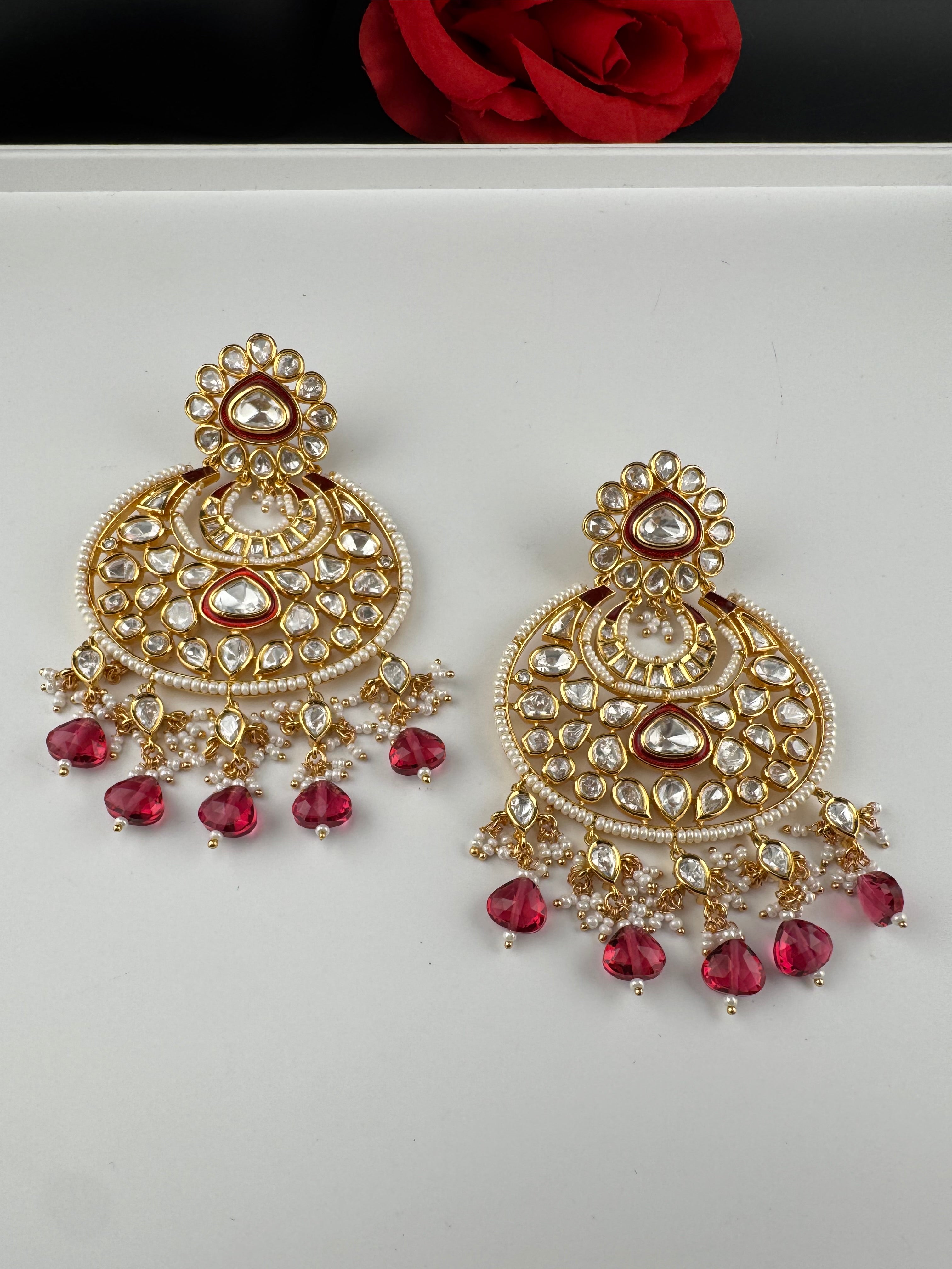 Red and Gold Kundan Chandelier Earrinngs, High shine Bridal Moissanite CZ, Shiney Gold Designer