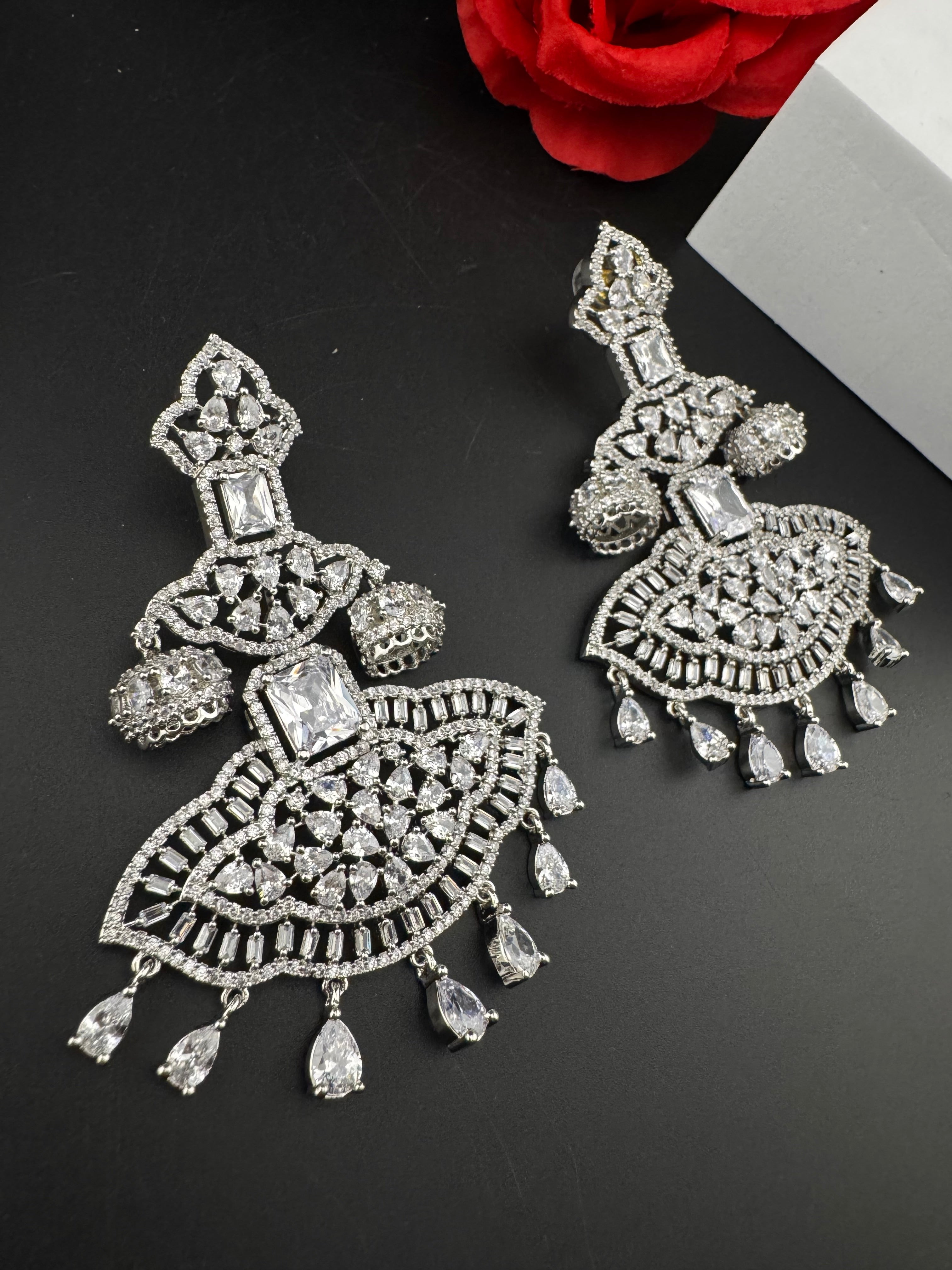 Premium Cubic Zirconia Chandelier Oversized earrings is designer Inspired, Statement Long earring, Bridal, Party, Wedding jewelry,