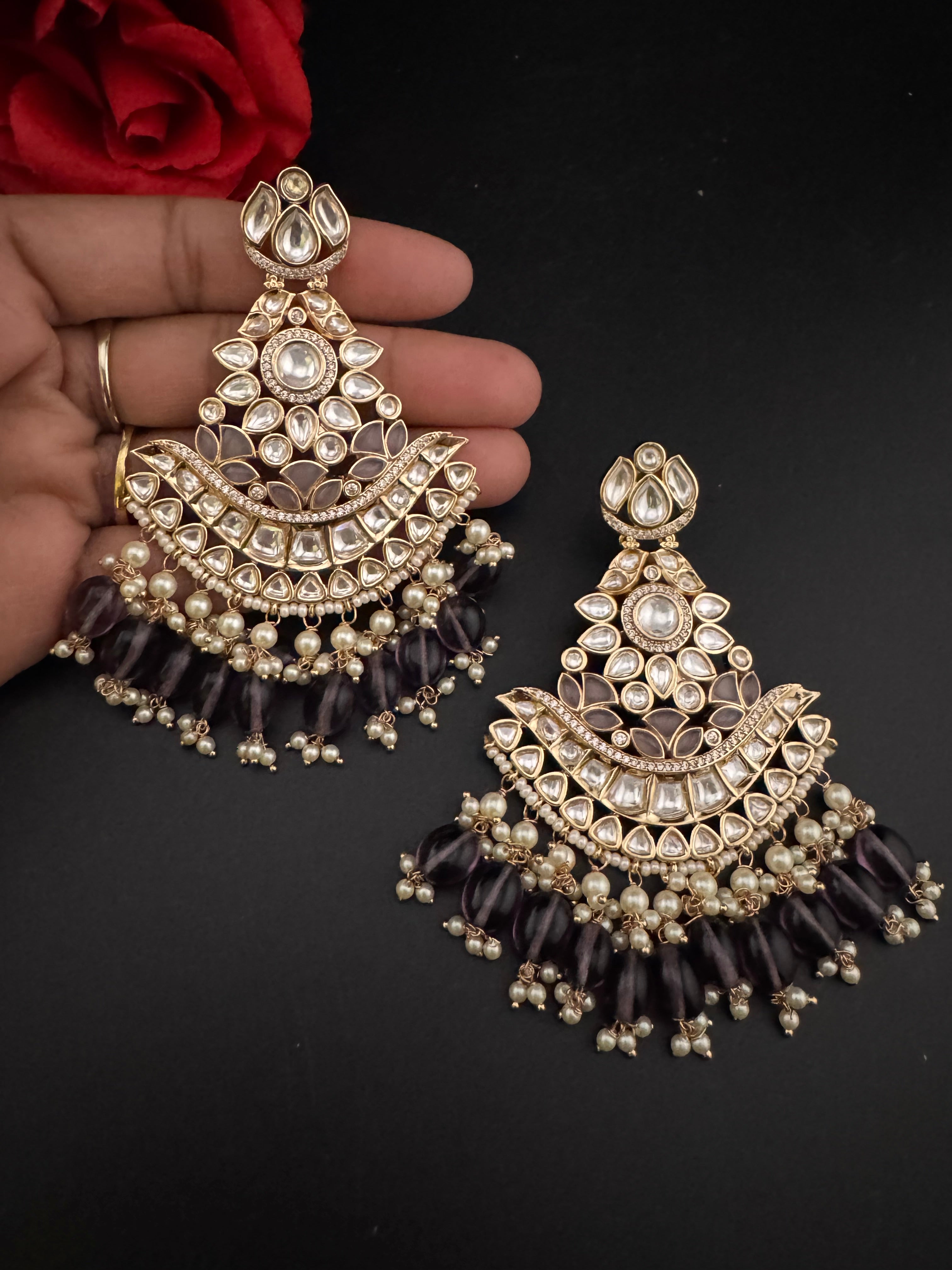 Purple and Gold Kundan Chandelier Earrinngs, High shine Bridal Moissanite CZ, Shiney Gold Designer