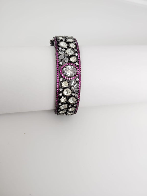 Uncut Kundan, Crystal Stone, CZ, Openable Bracelet Bangle, Victorian Polish