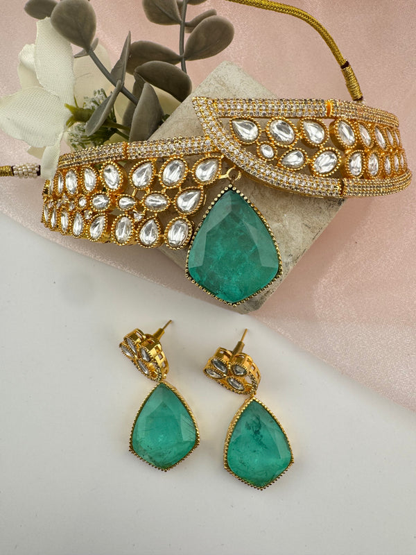 Kundan, CZ, Doublet Stone choker necklace set, Indian Bridal Jewelry set