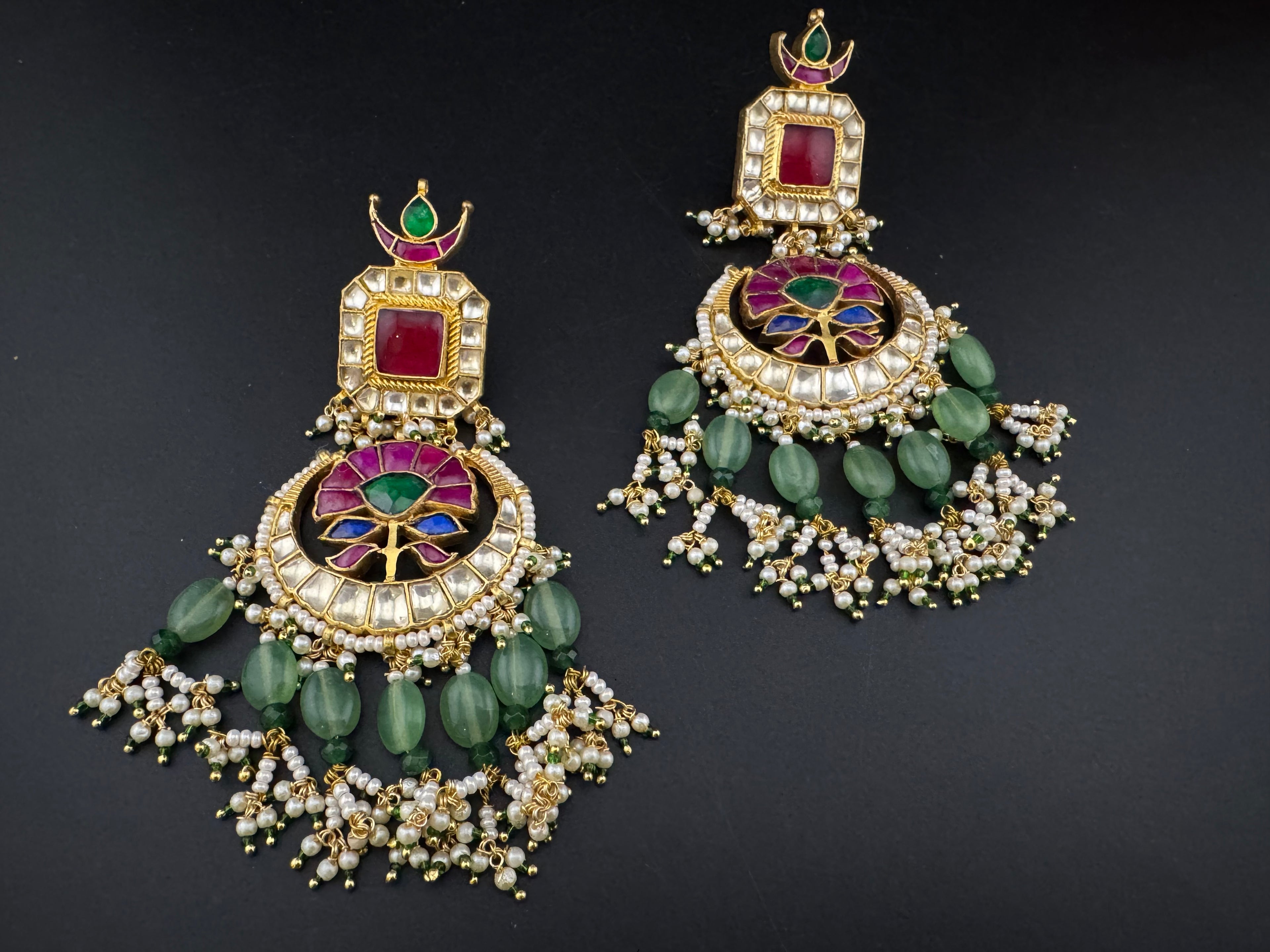 Multicolor pacchi Kundan stones Pearls Oversized Chandelier Long Earrings, Bridal, Designer jewelry