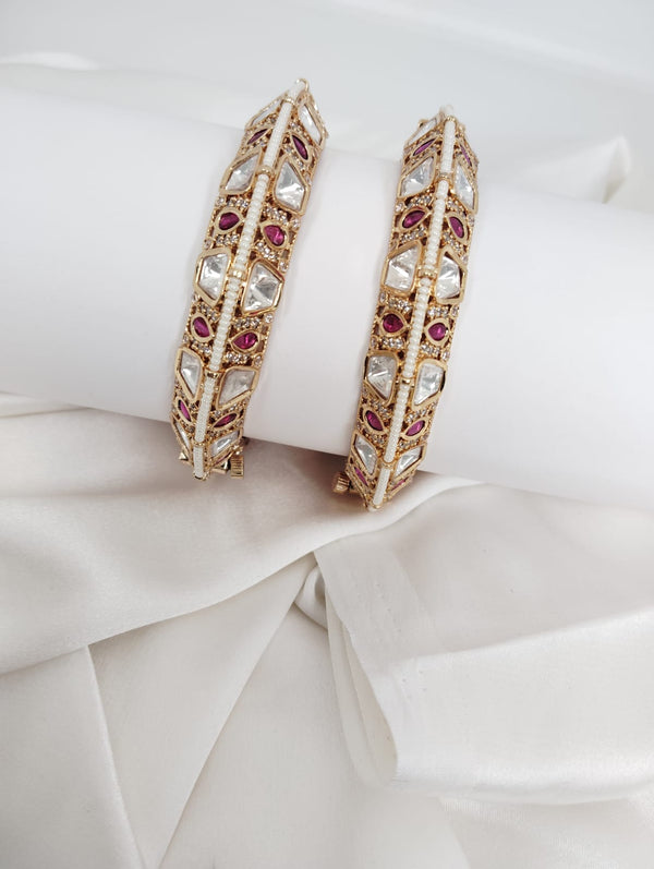 Pearls, Pachi Kundan, Moissanite Kundan, CZ, Openable Bracelet Bangle set of 2, Gold Polish