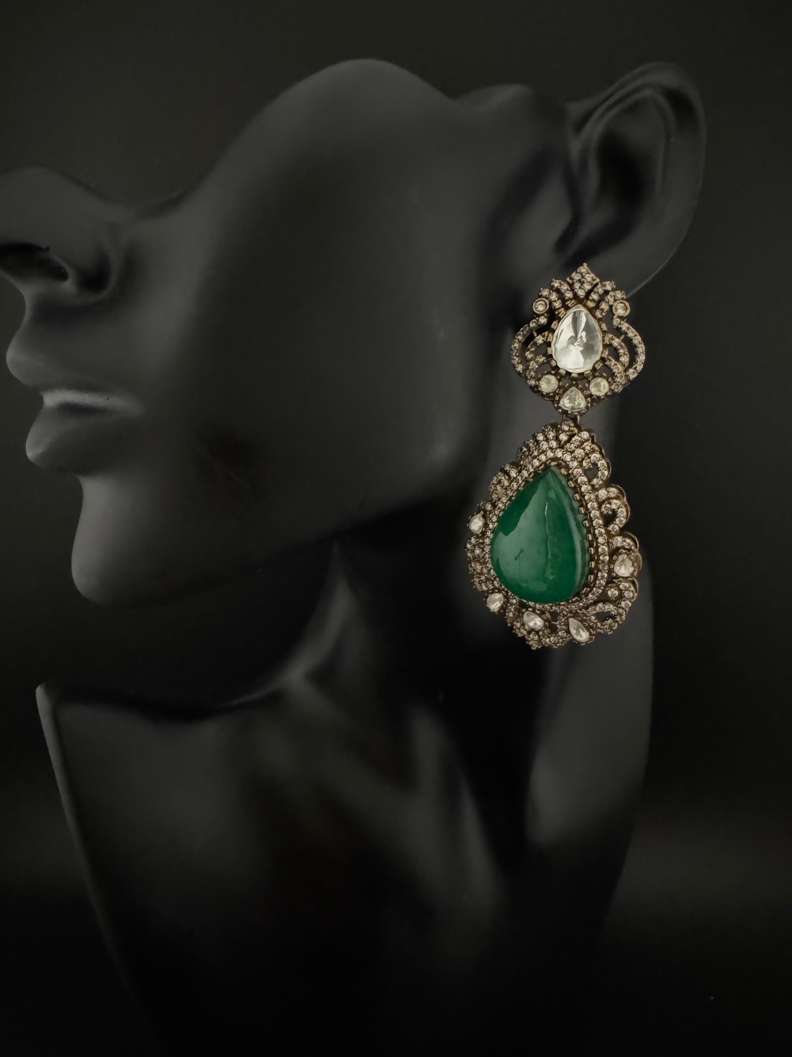 Green and Gold Kundan, Doublet Stone Chandelier Long Earrings, Bridal, Moissanite, CZ, Designer jewelry