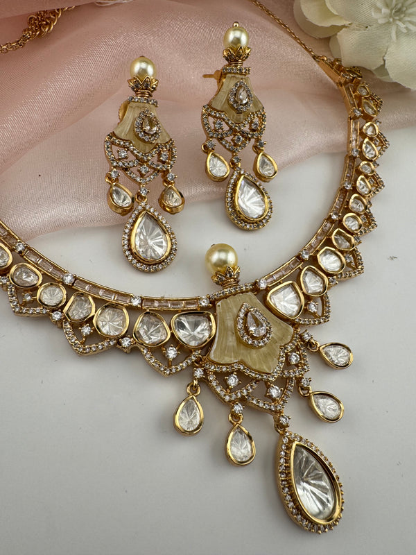 Kundan, Moissanite, MOP, CZ Flexible Gold necklace set, Indian Bridal Jewelry