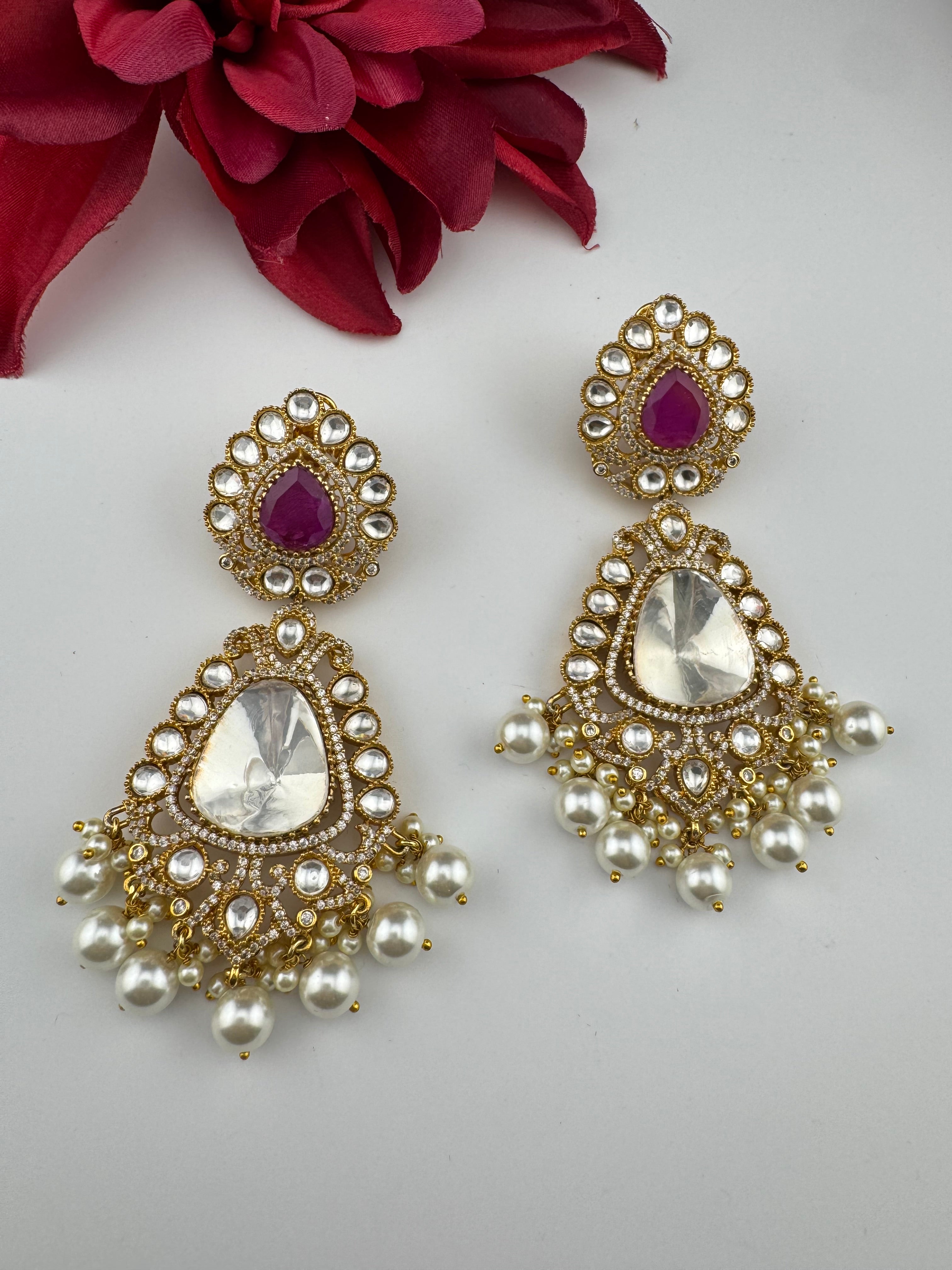 Purple and Gold Kundan, Pearls Chandelier Long Earrings, Bridal, Moissanite, CZ, Designer jewelry