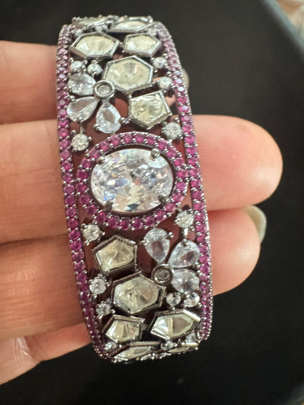 Uncut Kundan, Crystal Stone, CZ, Openable Bracelet Bangle, Victorian Polish