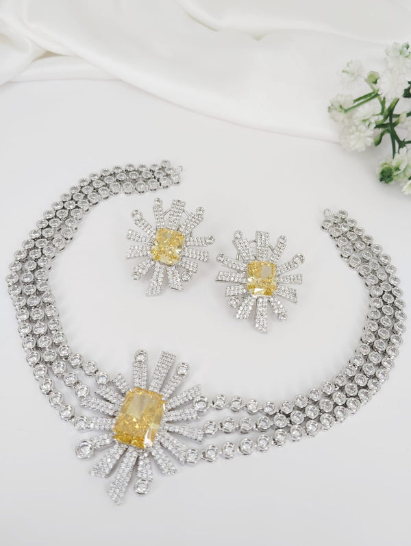 Swarovski Crystals and CZ Diamond star burst Necklace Set, White Gold Plated set