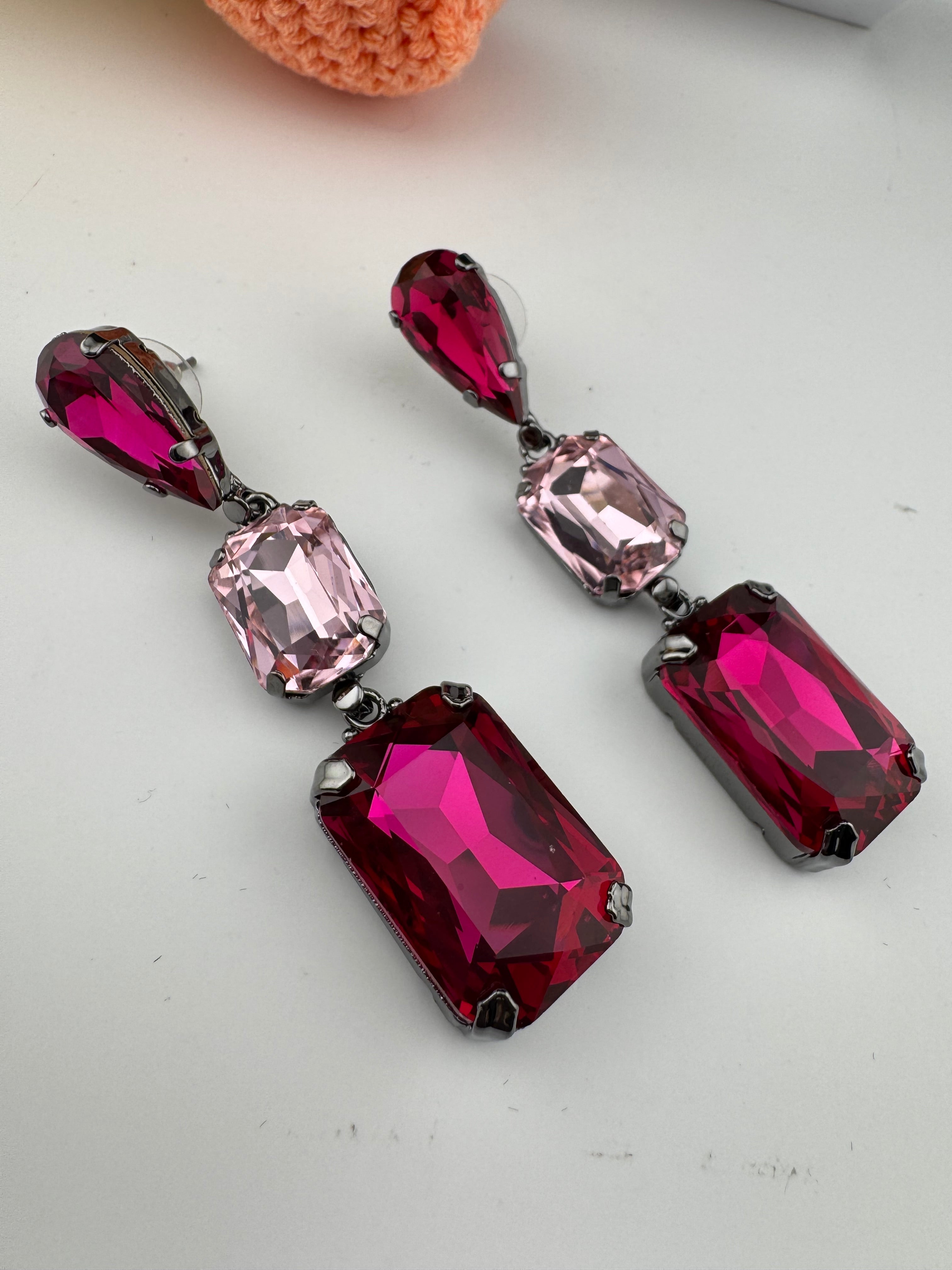 Premium Crystal Long Drop Swarovski inspired designer earrings/Indian earring/Bridal Jewelry/Grey Crystal/Pink Crystals