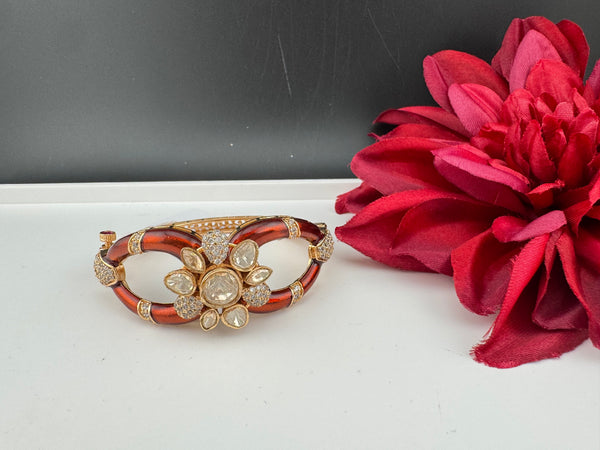 Moissanite Kundan, Enamel, CZ Adjustable Bracelet Bangle, Gold Polish Designer Bangle