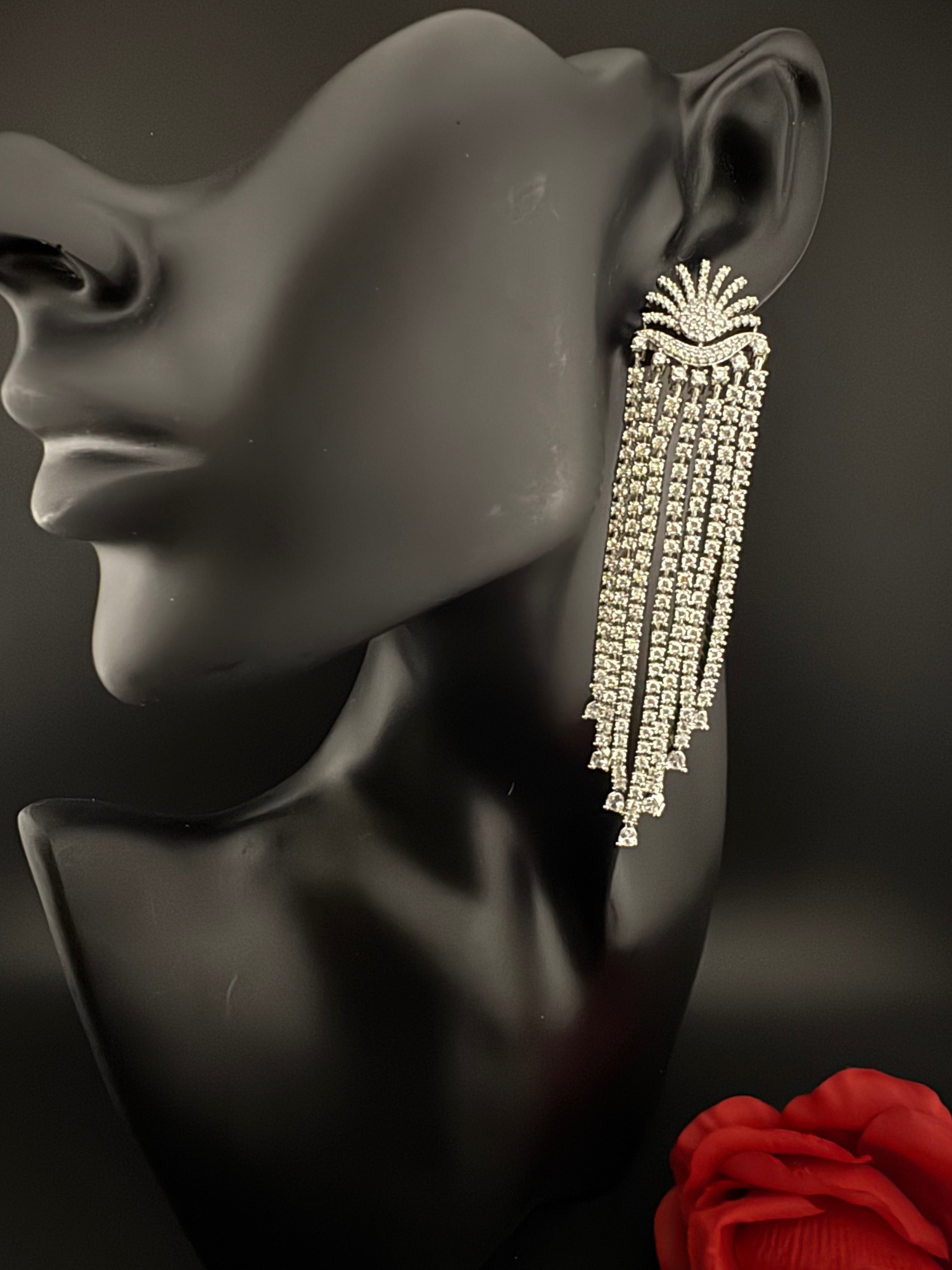 Premium Cubic Zirconia Chandelier extra long earrings, sun style long CZ tassel, Statement Long earring, Bridal, Party, Wedding jewelry