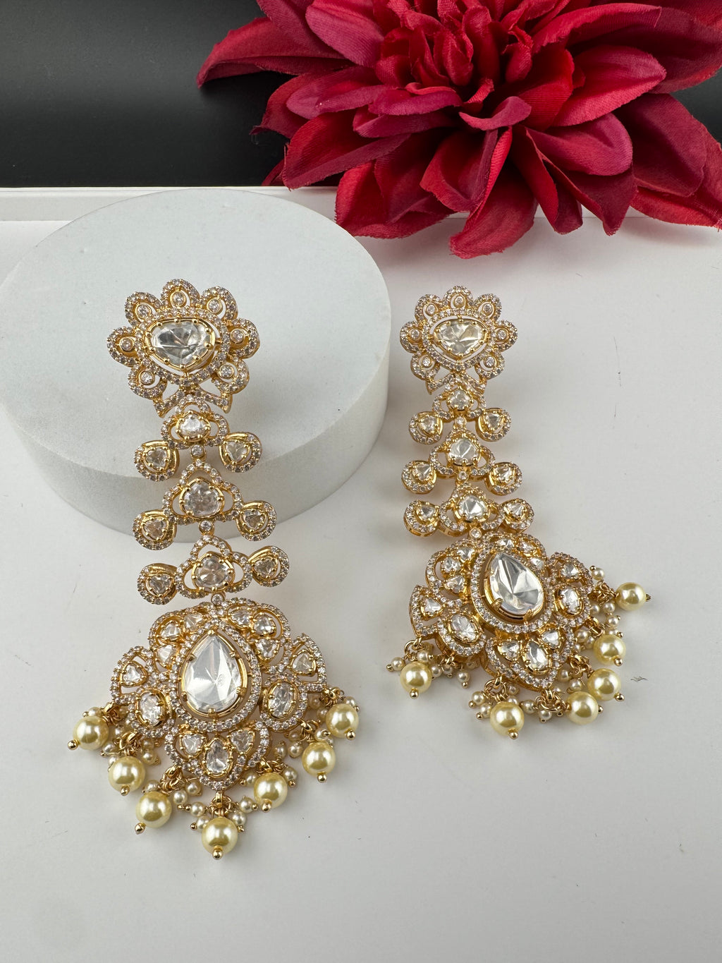 White and Gold Kundan, Pearls Chandelier Long Earrings, Bridal, Moissanite, CZ, Designer jewelry