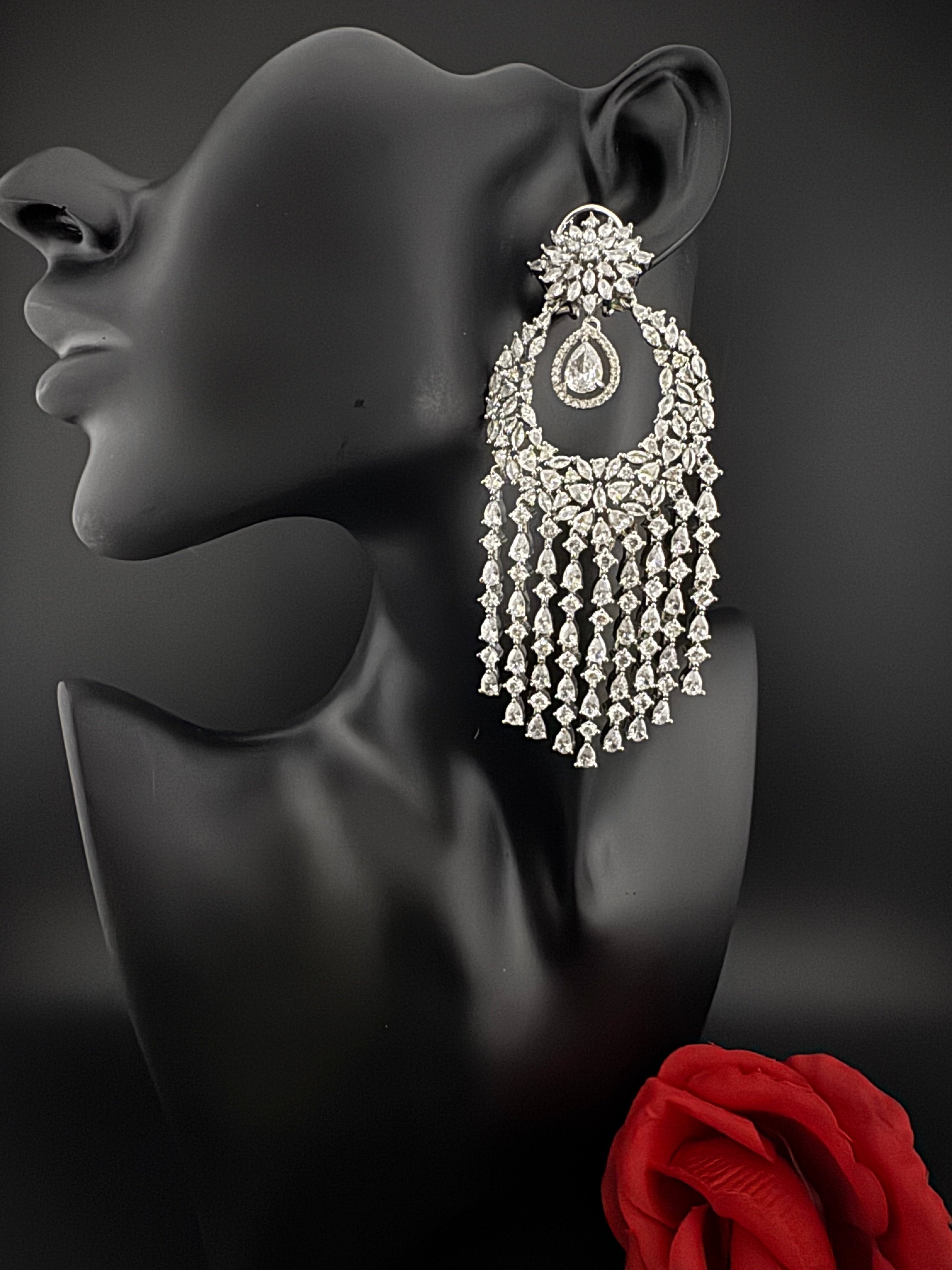 Premium Cubic Zirconia Chandelier Oversized earrings is designer Inspired, Statement Long earring, Bridal, Party, Wedding jewelry,