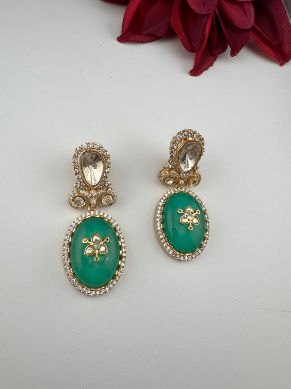 Green and Gold Kundan, Doublet Stone Chandelier Drop Earrings, Bridal, Moissanite, CZ, Designer jewelry