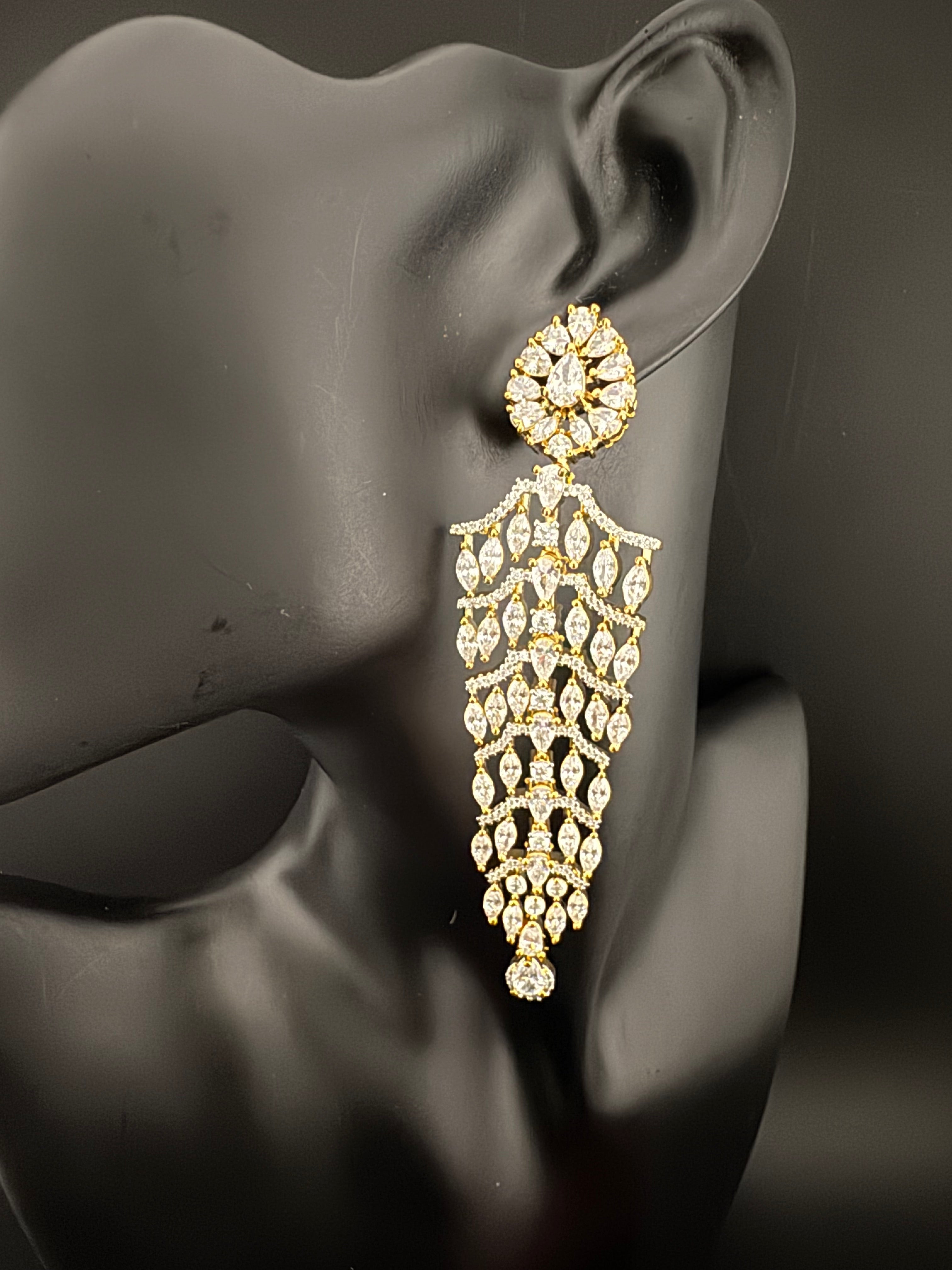 Premium Cubic Zirconia Chandelier Long earrings is designer Inspired, Statement Long earring, Bridal, Party, Wedding jewelry, Shiny