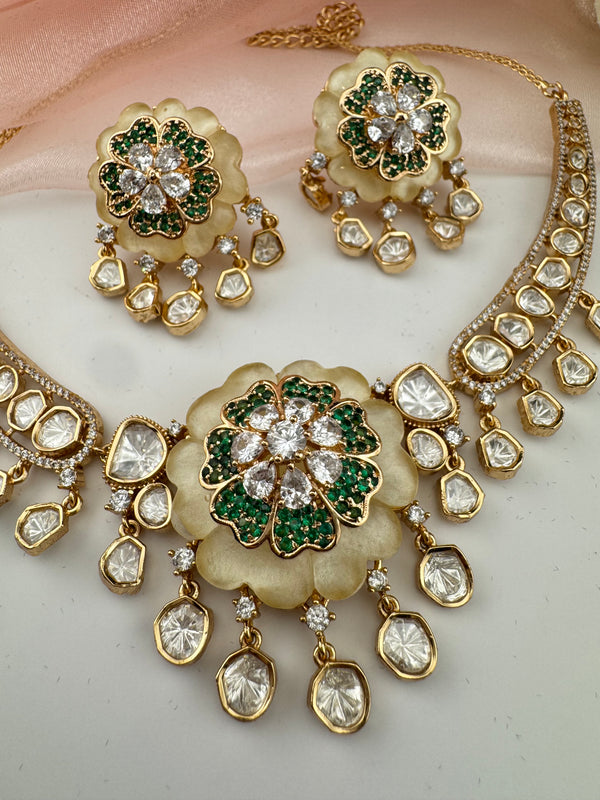 Kundan, Moissanite, MOP, CZ Flexible Gold necklace set, Indian Bridal Jewelry