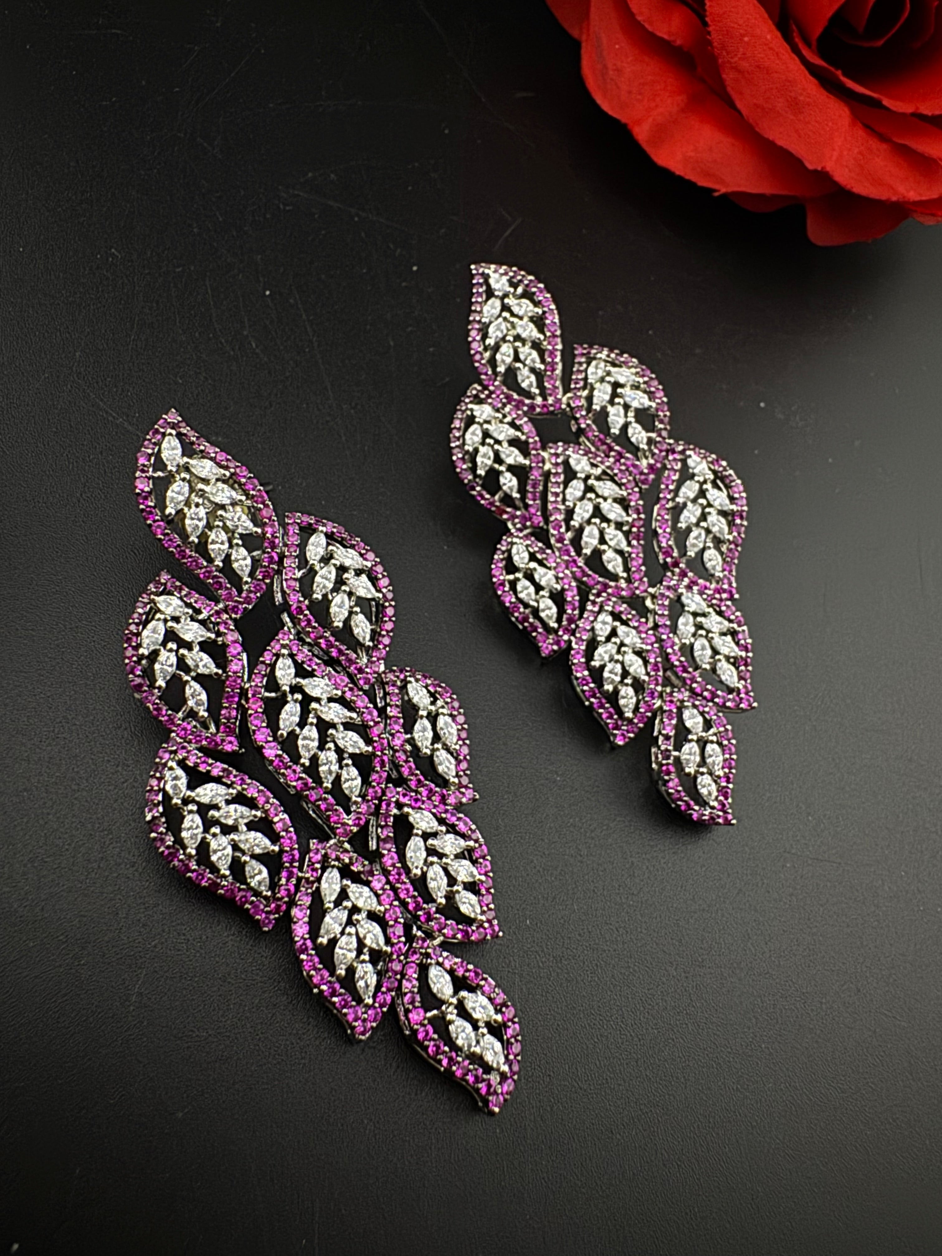 Premium Nano Setting Cubic Zirconia Long Chandelier earrings in leaf shape, stylish, designer Statement long earring/Bridal Bridesmaid